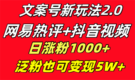 文案号新玩法 网易热评+抖音文案 一天涨粉1000+ 多种变现模式 泛粉也可变现-营销武器库