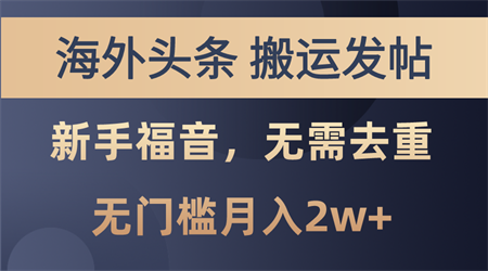 海外头条搬运发帖，新手福音，甚至无需去重，无门槛月入2w+-营销武器库